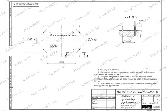 Фундамент котла 0.25 МВт уголь дрова чертеж