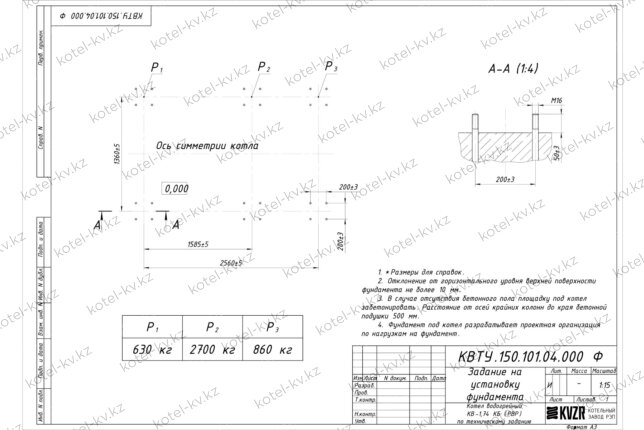 Фундамент котла КВр 1.74 с ОУР чертеж