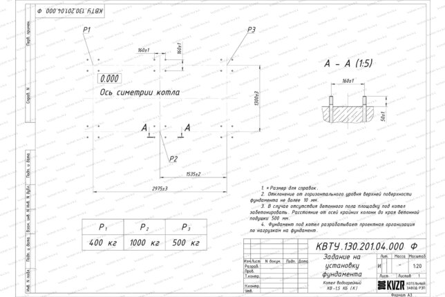 Чертеж изготовления фундамента котла 1.5 МВт угольного с колосниками