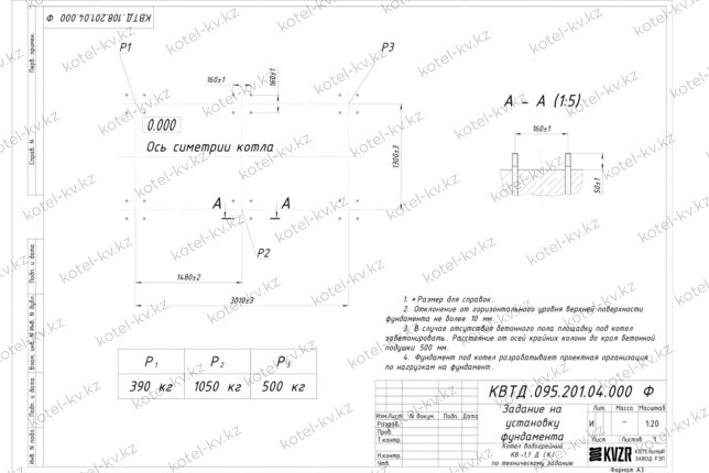 Чертеж фундамента котла на дровах 1100 кВт с колосниками