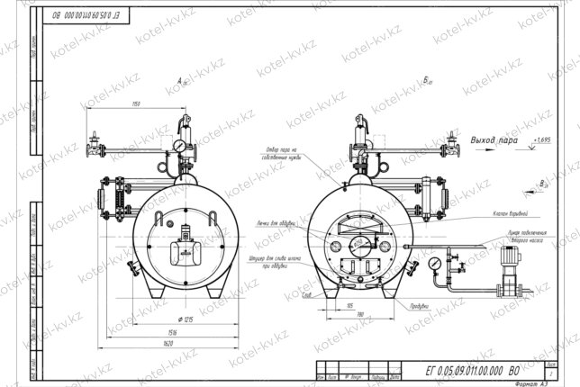 Схема парового котла 0.5 тонны 170 С на газе